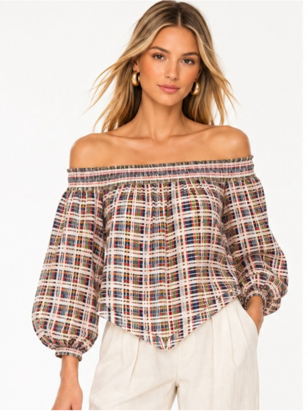 Derek Lam New York Silk Off Shoulder Blouse Plaid Print Size 4
Smocked Neck